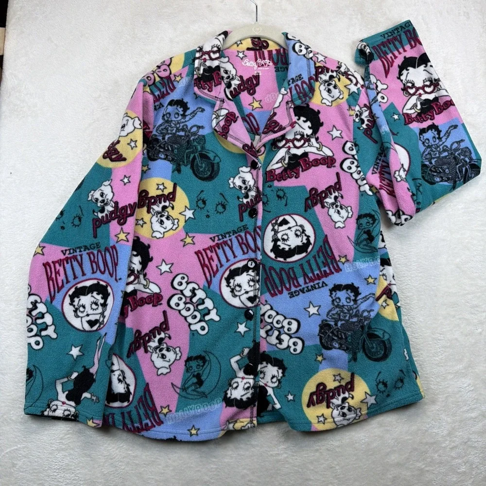 Betty Boop Fleece Pajama Top Women's XL Pink Graphic Button Front Sleep Shirt